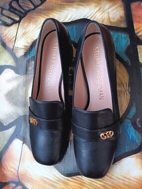 NWT Stuart Weitzman Black Leather Loafer Pump Size 9 M